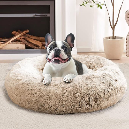 JOLLYVOGUE Small Dog & Cat Beds for Indoor Cats, Donut Cuddler Warming Soft Dog Beds with Anti-Slip Bottom, Round Calming Fluffy Plush Faux Fur Cushion Bed for Medium Dogs (27")