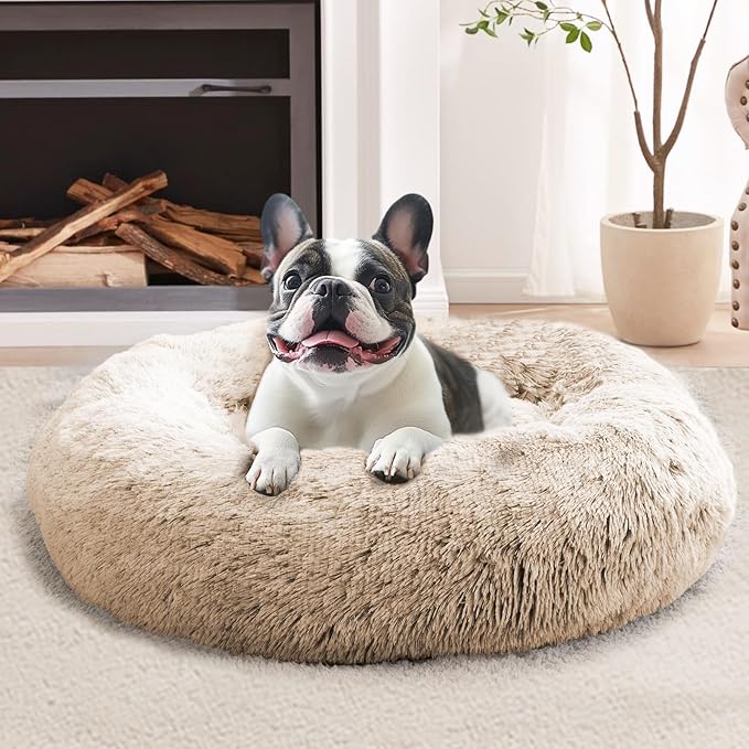 JOLLYVOGUE Small Dog & Cat Beds for Indoor Cats, Donut Cuddler Warming Soft Dog Beds with Anti-Slip Bottom, Round Calming Fluffy Plush Faux Fur Cushion Bed for Large Dogs (36")