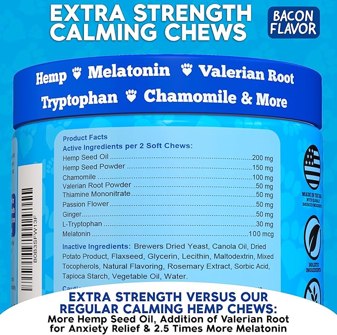 Calming Chews for Dogs - Dog Calm Treats, Made in USA, Vet Recommended, Behavior Support with Melatonin & Hemp, Stress, Separation, Fireworks, Travel, Extra Strength