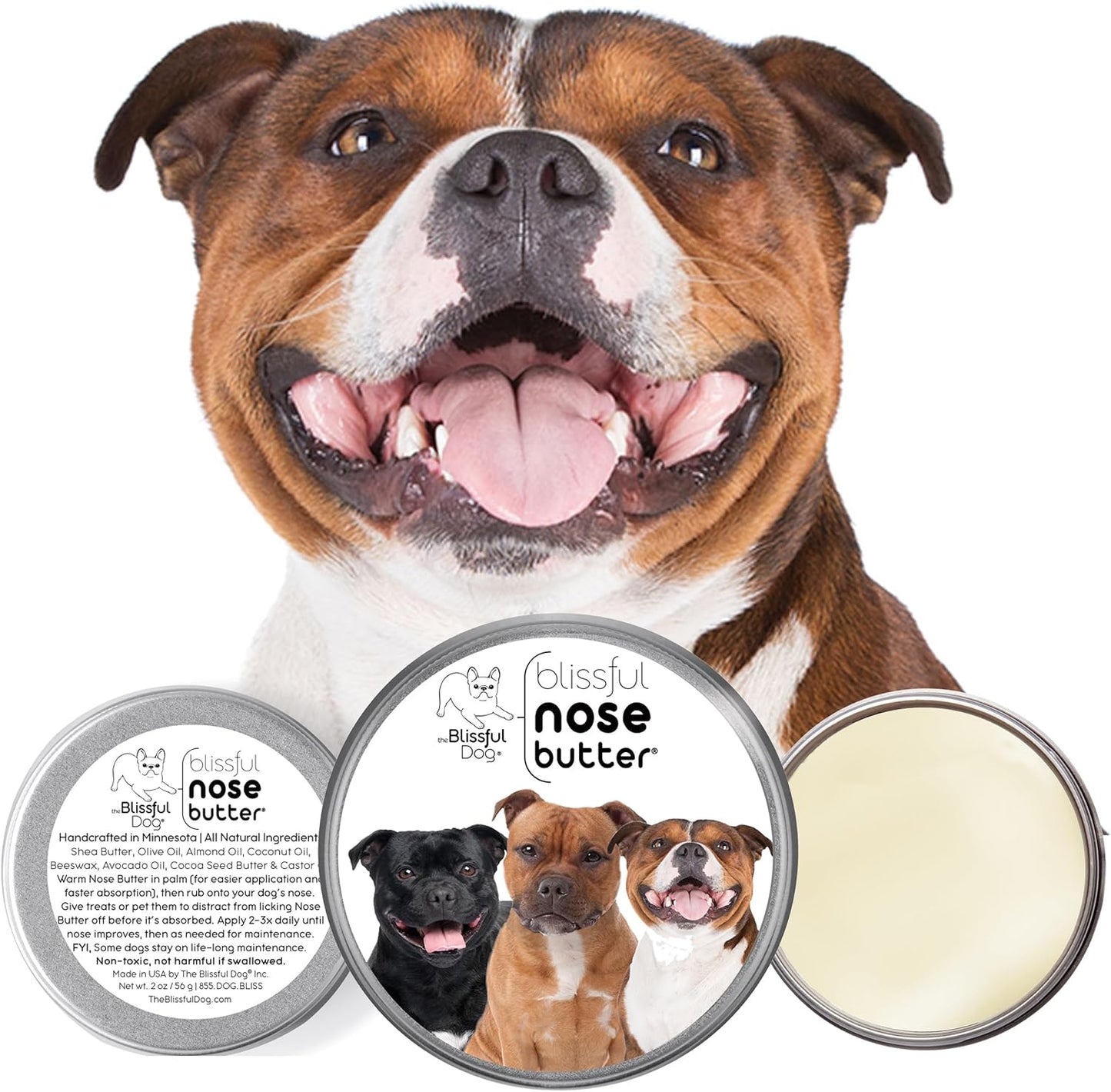 The Blissful Dog Staffordshire Bull Terrier Nose Butter for Dry, Cracked Skin, Lick-Safe Dog Nose Balm with Moisturizing Shea Butter, Almond, Olive, and Essential Oils, Pet Supplies, Uncented, 1 oz.
