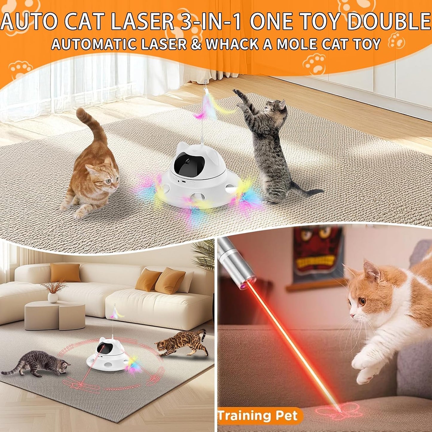 Cat Laser Toy,3-in-1Interactive Cat Toys Automatic Cat Toy with 360° Random Laser & Interactive Feather - 5 Laser PatternsUSB Rechargeable Motion Activated Moving - Fun Toys for Indoor Cats & Kittens
