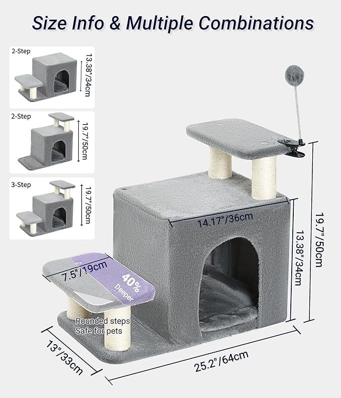 Happi N Pets Dog Stairs with Cat Scratching Post & Large Condo, Stable Pet Steps for High Beds Couch, 3 Combinations Cat Ramp Tree Tower for Cats or Small Dogs, Removable Cushion & Bonus Toy, Gray