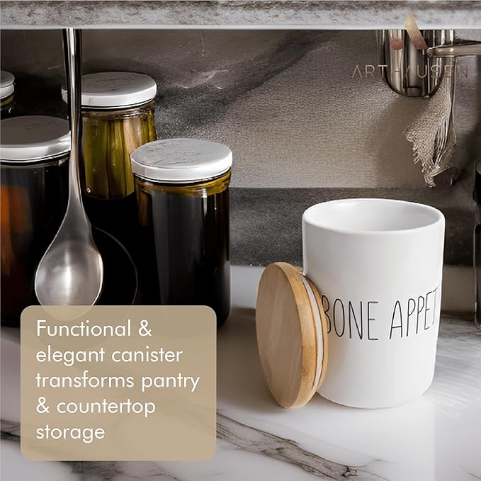 Arthausen Bone Appetite Dog Treats Ceramic Storage Jar Canister - Airtight Bamboo Lid w/Silicone Seal, Spoon - Modern Abstract Art Design for Kitchen Counter or Bathroom - 4 cup / 1080mL