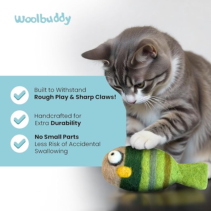 Woolbuddy Felted Wool Cat Toys – 3 Fish Kick Toys for Indoor Cats, Catnip-Free & Durable