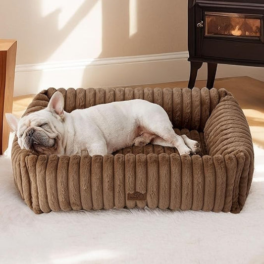 Bedsure Washable Dog Bed for Medium Dogs - Cute Furry Puppy Beds, Rectangle Orthopedic Corduroy Fleece Pet Beds with Removable Zipper Cover, 30x24x8inches, Camel Brown