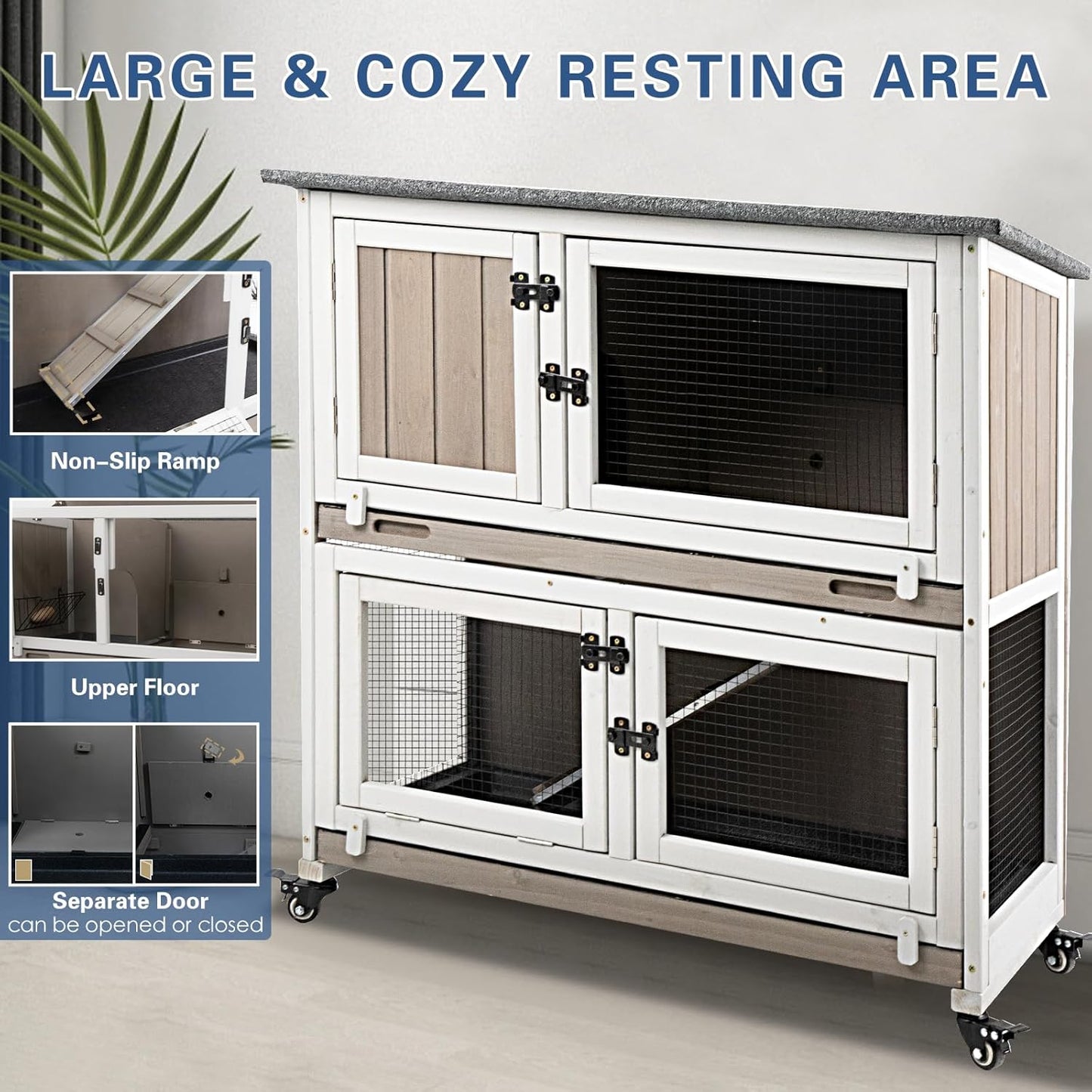 36" L Guinea Pig Cages Wooden, 2 Story Rabbit Cage Indoor Guinea Pig Habitat on 4 Metal Wheels and 2 Deeper Pull-Out Trays, Ramp, Leak Proof Guinea Pig Cages Indoor Small Animal Cage, Grey