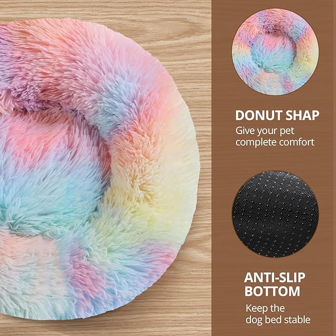 JOLLYVOGUE Small Dog & Cat Beds for Indoor Cats, Donut Cuddler Warming Soft Dog Beds with Anti-Slip Bottom, Round Calming Fluffy Plush Faux Fur Cushion Bed for Large Dogs (36", Rainbow)