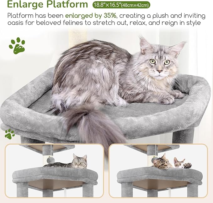 Globlazer Extra Large Platform Cat Tree, 65in Sturdy Cat Tree for Indoor Cats Large Adult, Big Cat Tower for Big Cats with 3 Enlarged Perches, 6 Scratching Posts, Cat Condo, Hammock, S65, Light Grey