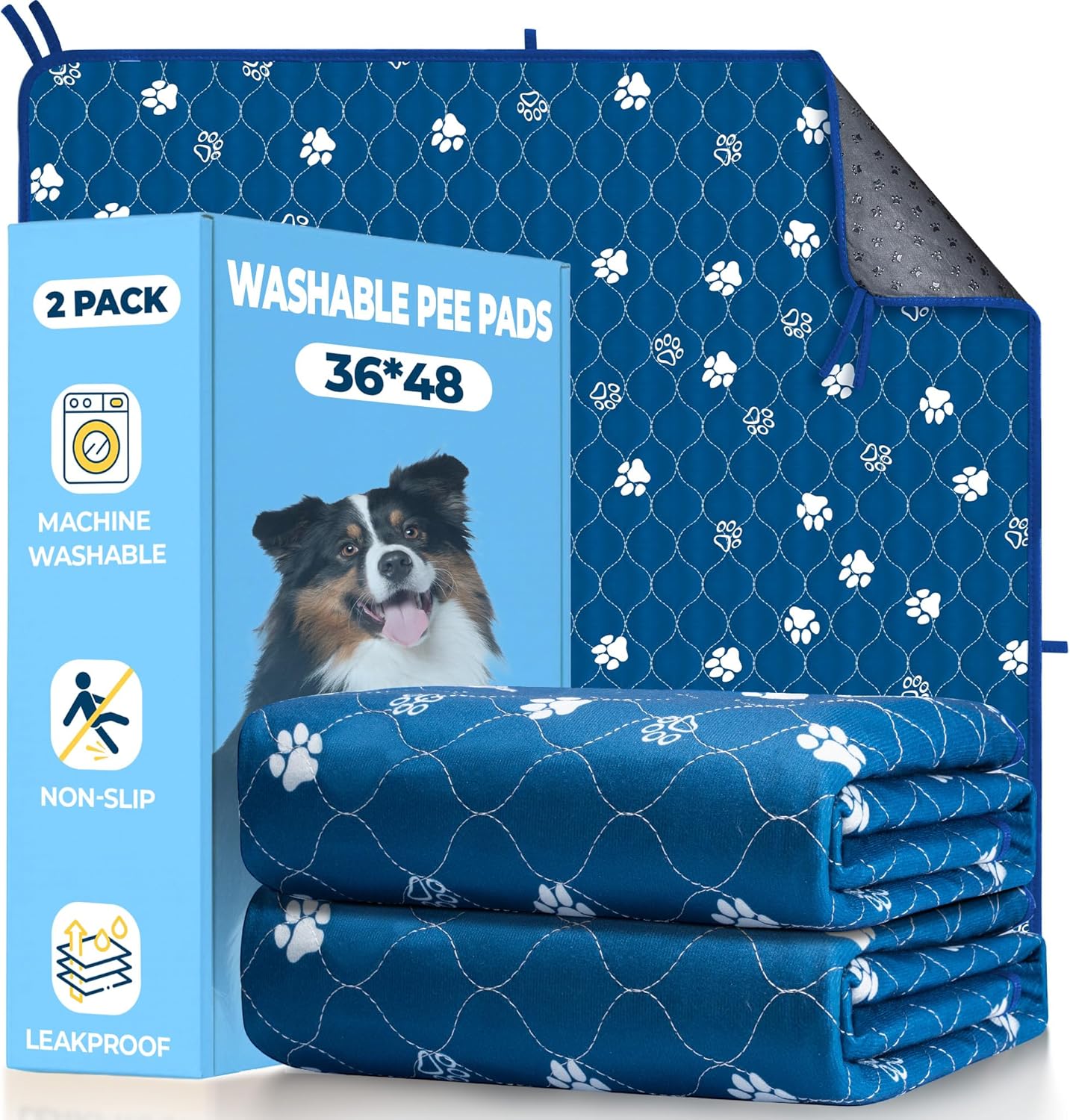 Fostanfly Washable Pee Pads for Dogs, 2 Pack Large 36"x48" Ultra-Absorbent and Leak-Proof Non-Slip Reusable Potty Training Pads for Dogs, Puppy & Cats of Add 8 Lanyards-Blue