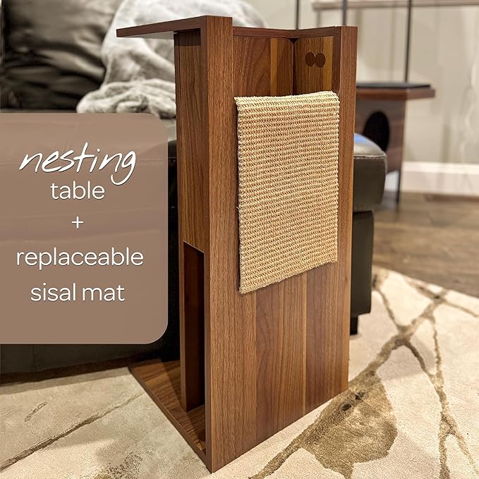 4 Cats & Dogs Jewl Nesting Table – Multi-Function Cat Scratcher with Replaceable Sisal Post, Storage & Compact Coffee Table – Durable Engineered Wood, Modern Design for Home & Pet Comfort – Walnut
