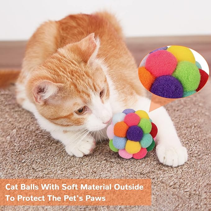 Retro Shaw 6Pcs Cat Toys Balls, Wool Yarn Cat Ball with Bell Inside, Interactive Kitten Toys for Indoor Cats Kitty Chew Kick, Colorful Soft Fuzzy Pet Toy Ball with String