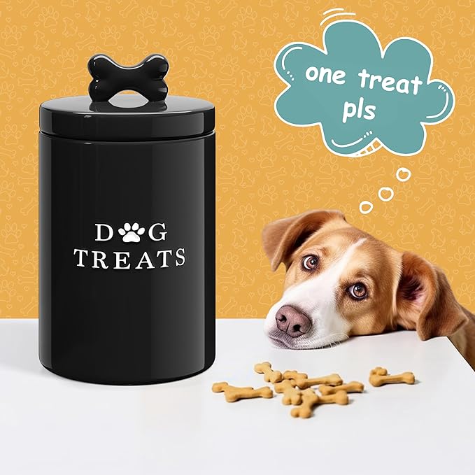 Barnyard Designs Large Dog Treat Container Airtight with Lid, Cute Rustic Ceramic Dog Treat Storage Jar for Kitchen Counter (Black)