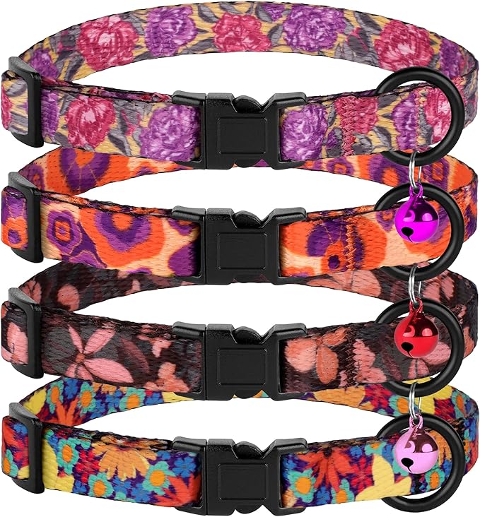 4PCS Breakaway Cat Collars with Bell - Cute Soft Adjustable Safety Kitten Collars 4-Pack - Nylon Pet Collars Nature Tribal Striped Floral Space Aztec Flowers Print (Floral)