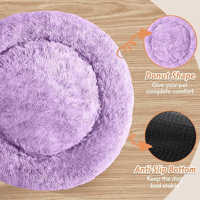 JOLLYVOGUE Small Dog & Cat Beds for Indoor Cats, Donut Cuddler Warming Soft Dog Beds with Anti-Slip Bottom, Round Calming Fluffy Plush Faux Fur Cushion Bed for Small Dogs (20", Purple)