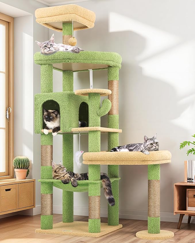 Globlazer Extra Large Platform Cactus Cat Tree, 65in Sturdy Cat Tree for Multiple Indoor Cats Large Adult, Big Cat Tower with 3 Padded Perches, 6 Scratching Posts, Spacious Condo, Hammock, S65, Green