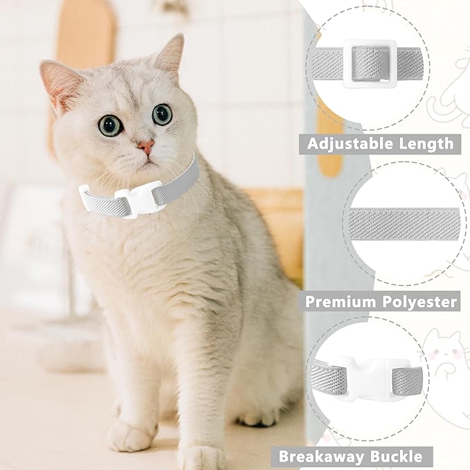 Elastic Cat Collar, Stretch Cat Collar Quick Release, Bright Colors Safety Kitten Collar Adjustable Collar for Kittens, Lightweight Soft Polyester Collars for Boy Girl Cats (LightGray,M)