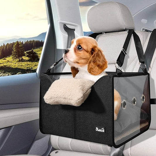 SlowTon Dog Car Seat for Small Dogs - Elevated Portable Dog Booster Seat Under 18 lbs, Pet Dog Travel Carrier with Clear Side Panel, Safety Belt and Soft Cushion