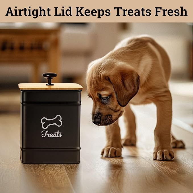 Dog Treat Container Airtight - 5 Inch Wide x 7 Inch Tall Iron Dog Treat Jar for Kitchen Counter with Airtight Bamboo Lid - 7 Cup Capacity Pet Treat Container - Doggie Cookie Jar - Big Treats Canister