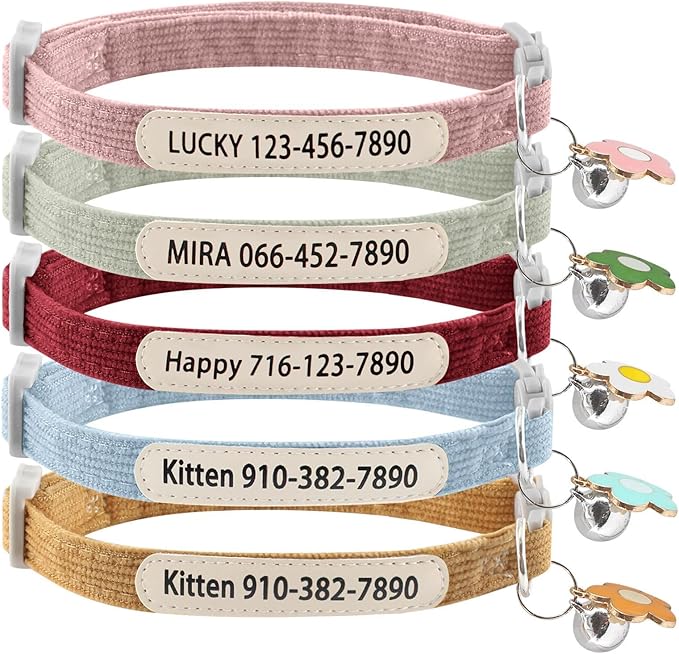 Personalized Cat Collar with Bell - Custom Kitten Breakaway Collars with UV Printed Pet Name and Phone Number Adjustable and Stylish (Corduroy)