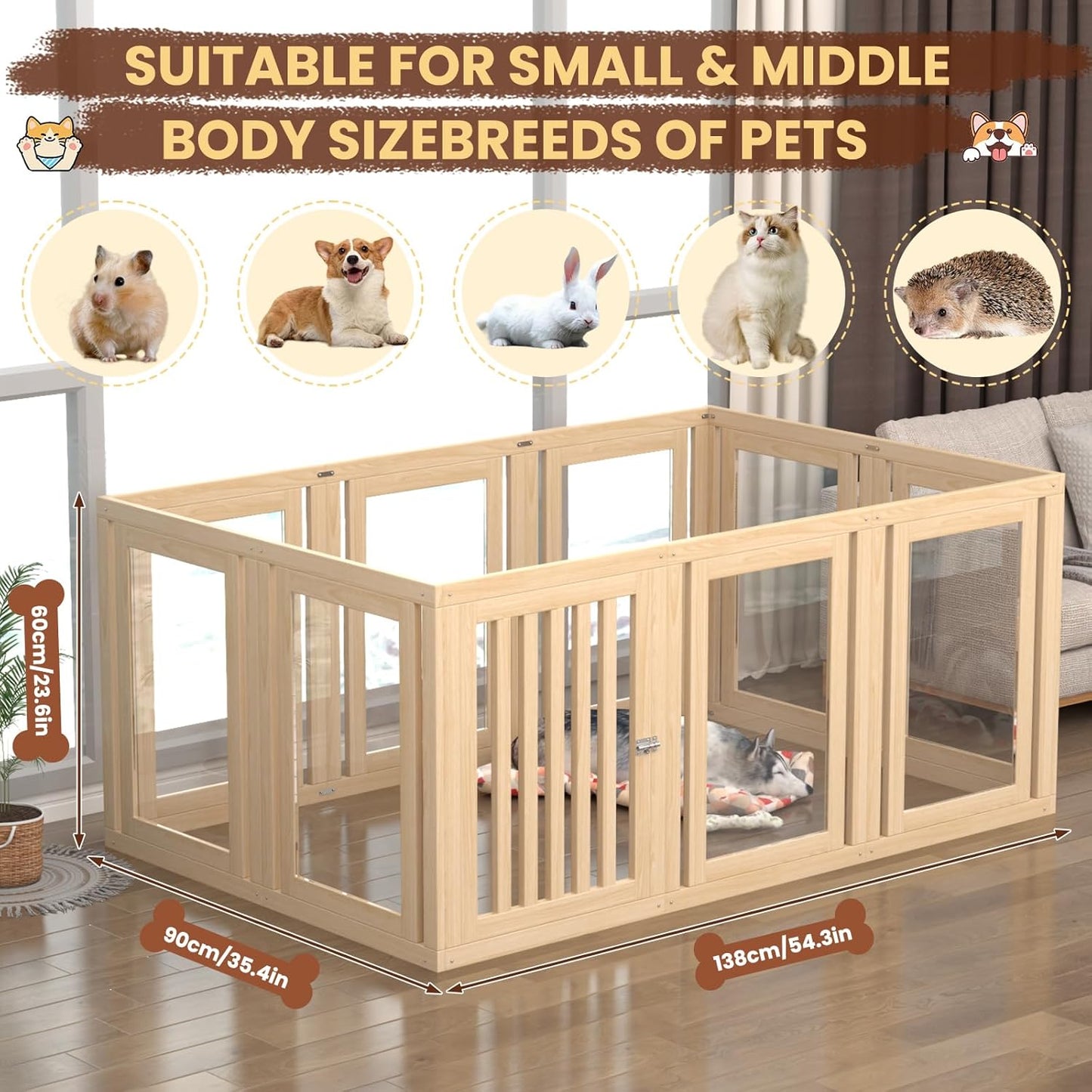 10 Panels Dog Playpen with Door, 23.6" H Pet Playpen Indoor, Clear Acrylic Puppy Playpens, Wooden Puppy Fence with Gate, Transparent Dog Pens, Pet Pen Indoor for Dogs, Cats, Rabbit (Wood)
