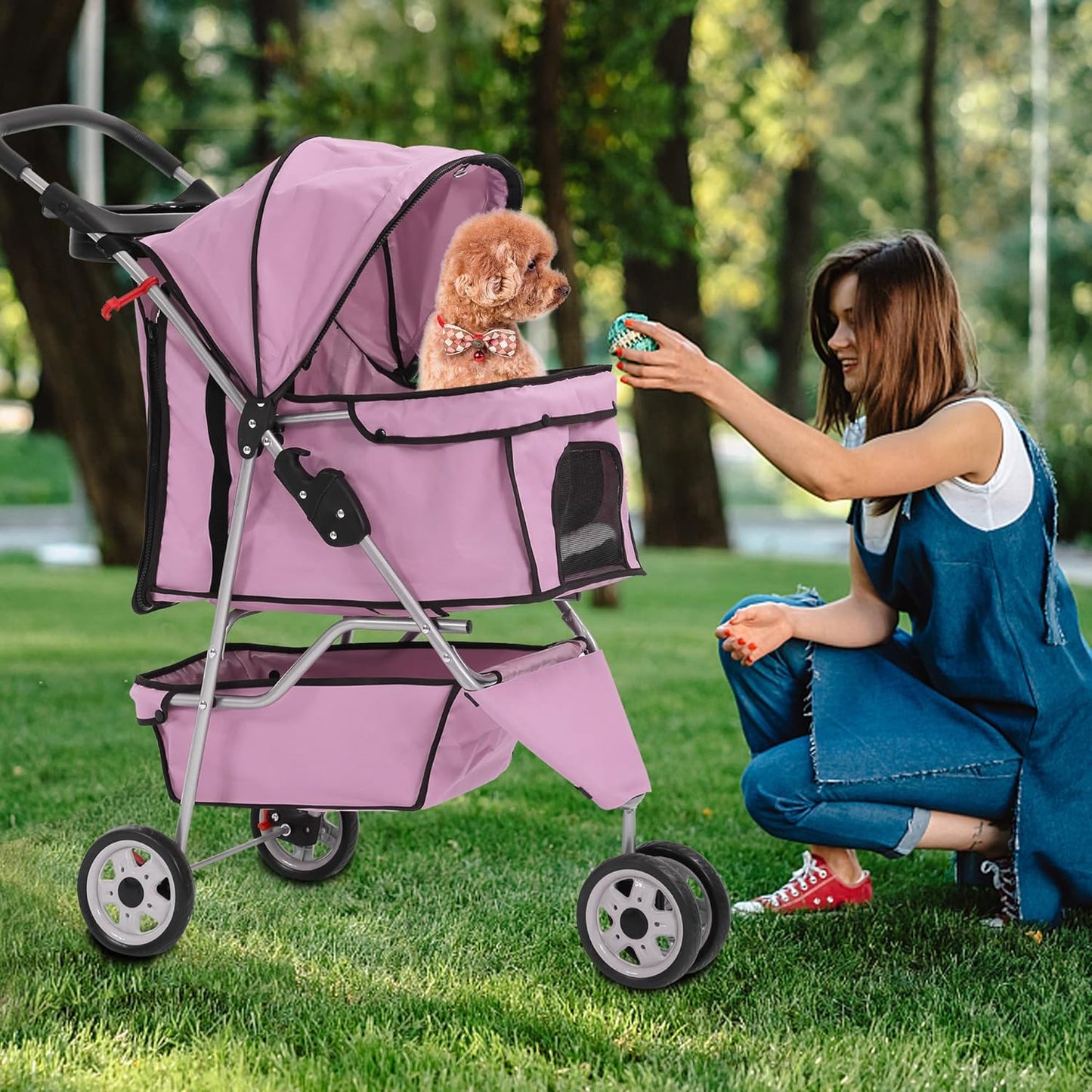 Dog Stroller,3 Wheels Travel Folding Pet Stroller for Small Medium Dog Cat Jogger Stroller with Storage Basket Removable Liner Pink