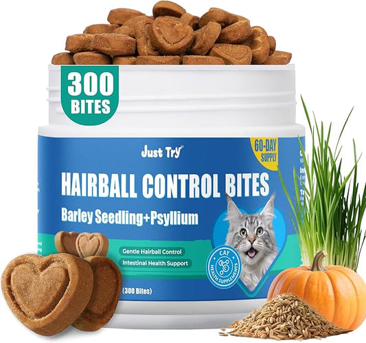 Just Try 300 Bites Hairball Control Cat Treats - Hairball Treatment & Relief for Cats - with Cat Grass, Pumpkin, & Omega-3 Fish Oil, Crunchy Chicken Flavor Crunchy Bites