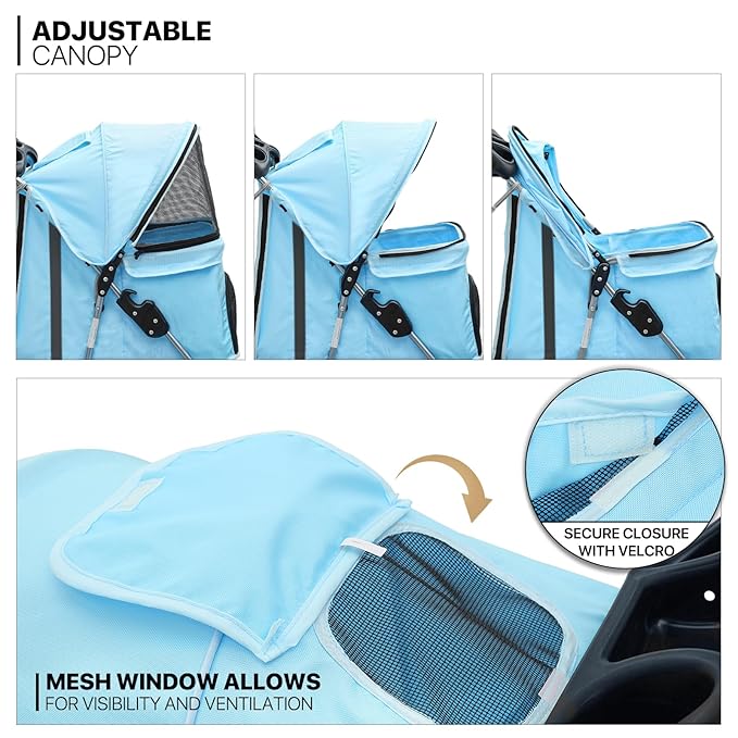 MoNiBloom 3 Wheels Pet Dog Cat Stroller for Small Medium Dogs Cats, Lightweight Foldable Jogger Stroller w/Storage Basket and Cup Holder, Mint Green