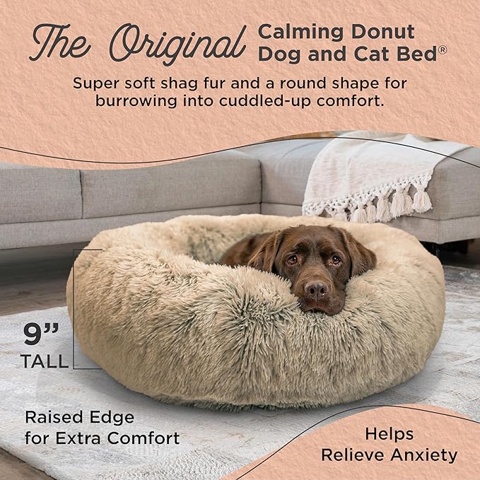 Best Friends by Sheri Original Calming Donut Dog and Cat Bed, Shag Faux Fur, Taupe, (36in x 36in) - Anxiety Relief for Pets Up to 100 lbs