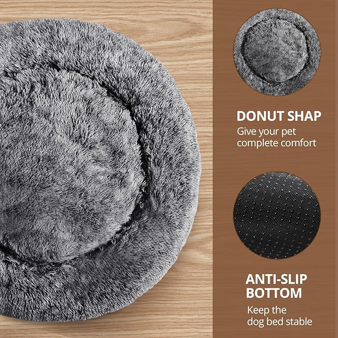 JOLLYVOGUE Small Dog & Cat Beds for Indoor Cats, Donut Cuddler Warming Soft Dog Beds with Anti-Slip Bottom, Round Calming Fluffy Plush Faux Fur Cushion Bed for Medium Dogs (27", Smoke Black)
