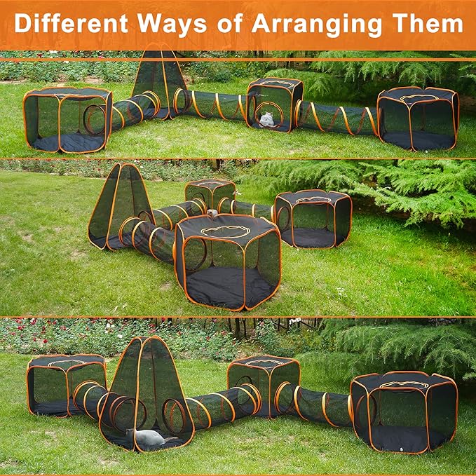 7 in 1 Outdoor Cat Enclosure, Foldable Pop-Up Mesh Playpen Tunnel for Pet Run, Foldable Outside Enclosed Tent Cage for Small Dogs, Rabbit and Other Animals