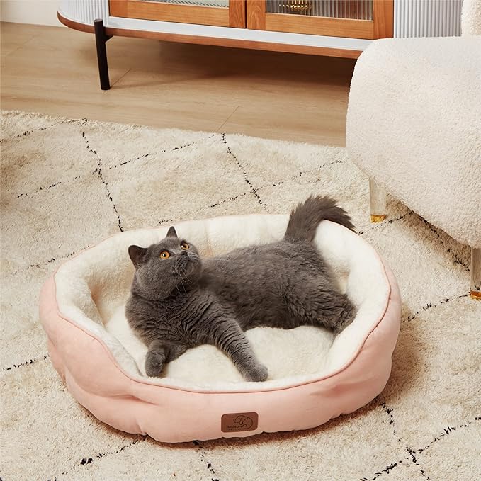 Bedsure Dog Beds for Small Dogs - Round Cat Beds for Indoor Cats, Washable Pet Bed for Puppy and Kitten with Slip-Resistant Bottom, 25 Inches, Peach Pink