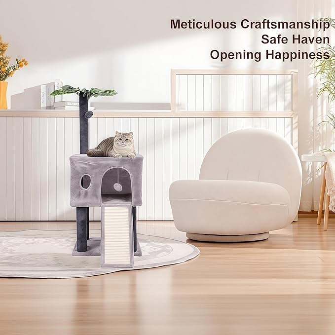 41″ Cat Tree for Indoor Cats Furniture, Cat Tower with Scratching Board and Save Space, Modern Activity House for Large Cats, Condo with Ball Toys, Kittens Cave, Cat's nest, Light Grey