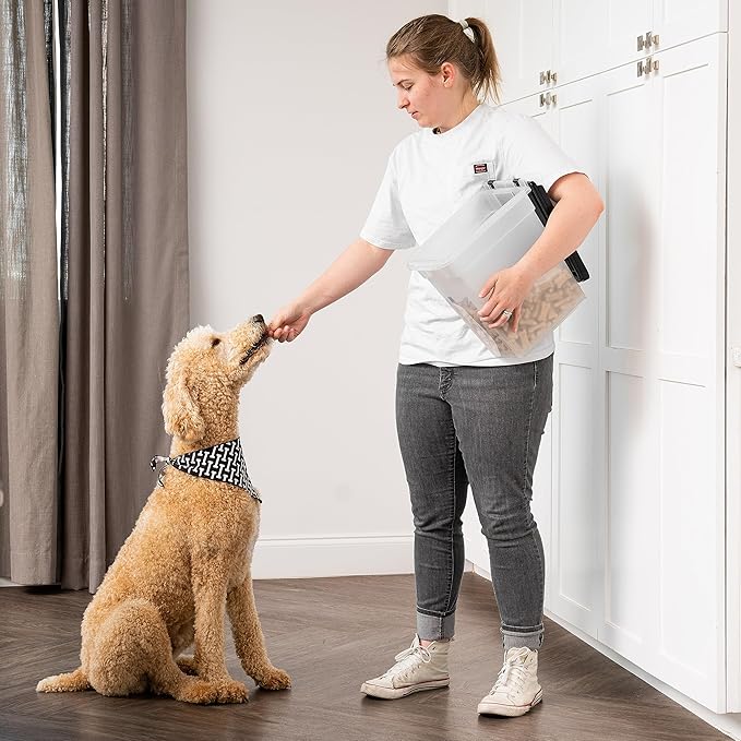 IRIS USA Airtight Dog Food Storage Container, WeatherPro, Up to 10 lbs, Removable Wheels, for Dog Cat Bird and Other Pet Food Storage Bin, Keep Fresh, Translucent Body, Made in USA, Clear/Black