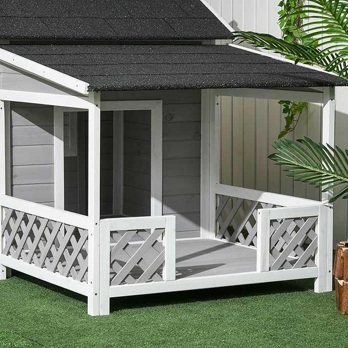 PawHut Wooden Dog House Outdoor with Porch, Cabin Style Raised Dog Shelter with Asphalt Roof, Doors, and Shutter Window, for Medium Large Sized Dog, Light Gray