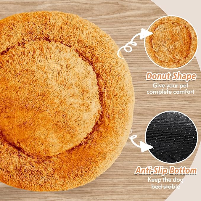 JOLLYVOGUE Small Dog & Cat Beds for Indoor Cats, Donut Cuddler Warming Soft Dog Beds with Anti-Slip Bottom, Round Calming Fluffy Plush Faux Fur Cushion Bed for Medium Dogs (31", Orange)