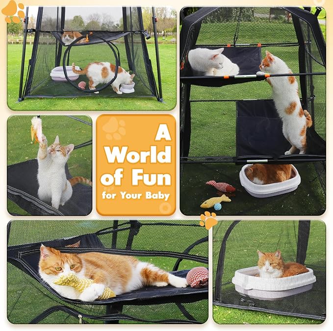 Extra Large Catio Outdoor Cat Enclosure, Rywell 3-Tier Spacious Outdoor Cat Tent, Weatherproof&Sunproof with 5 Windows, Foldable Cat Enclosure for Patio, Camping, Indoor(Includes Carry Bag)