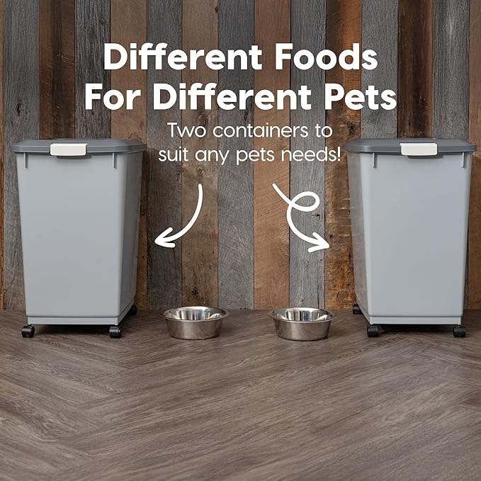 IRIS USA Dog Food Storage Container 50 lbs, 2-Pack with Wheels, Airtight Lid, 2-Cup Scoop, Double Pet Food Storage, Built in Scoop Storage in Lid, Versatile Pet Food Bin, Portable, Gray/Dark Gray