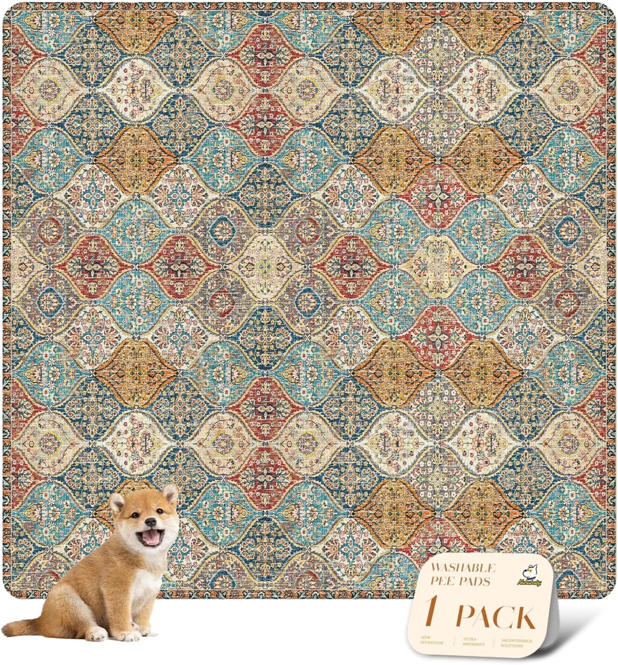 nunubaby Washable Pee Pads for Dogs, Stylish, Non-Slip and Leak-Proof Pee Pads. Reusable Potty Pads for Dogs for Crates and Floors.(Cream/Multi, 72" x72" )