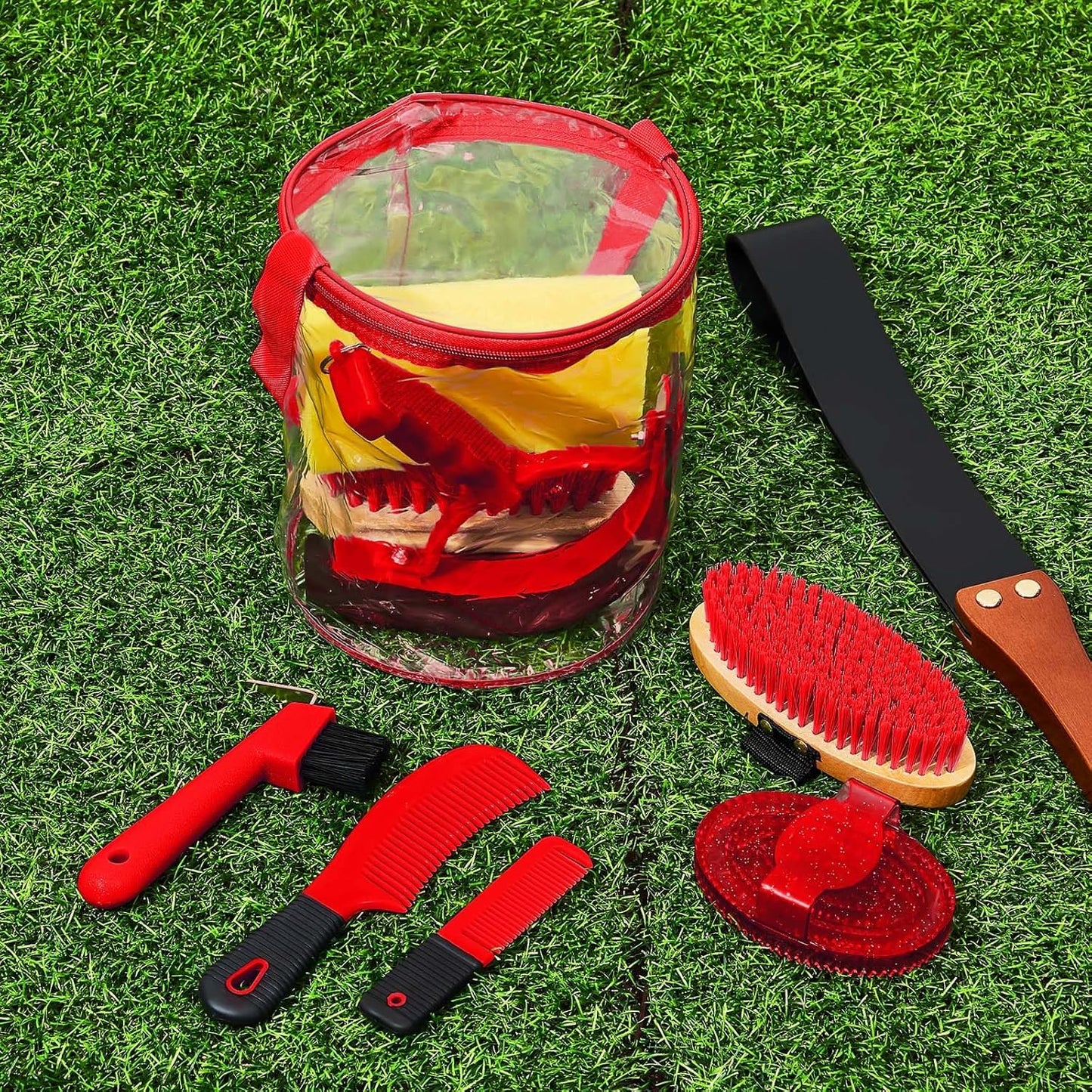 9 Pieces Horse Grooming Kit Tack Room Supplies Set with Organizer Tote Bag, Oval Massage Curry, Hard and Soft Brush, Hoof Pick, Sweat Scraper, Bathing Sponge, Combs for Horse Riders Beginners (Red)