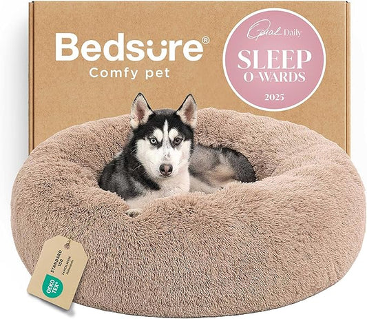 Bedsure Calming Dog Beds Large Sized Dog - Donut Washable Large Pet Bed, 36 inches Anti-Slip Round Fluffy Plush Faux Fur Dogs Bed, Fits up to 80 lbs Pets, Camel