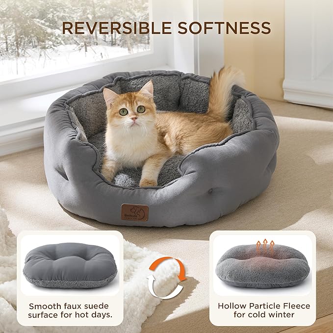 Bedsure Self Warming Cat Bed - Round Cat Beds for Indoor Cats, Washable Pet Bed for Puppy and Kitten with Slip-Resistant Bottom, 20 Inches, Self Warming Grey, Non-Electric