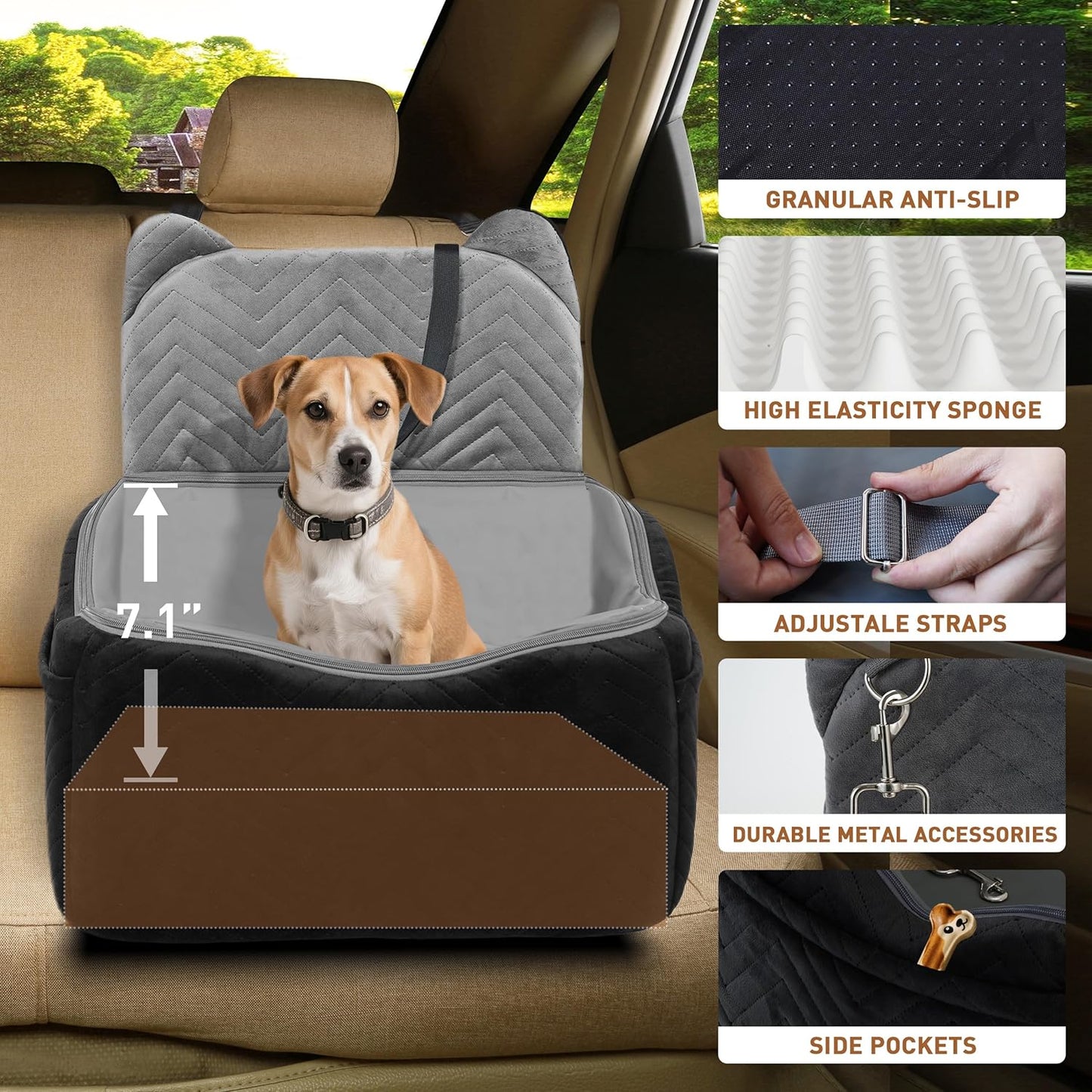 Dog Car Seat Booster with Waterproof Cover, Memory Foam, Small/Medium Dog Bed for Car Back Seat for Travel, Black/Grey, 2 Safety Belt