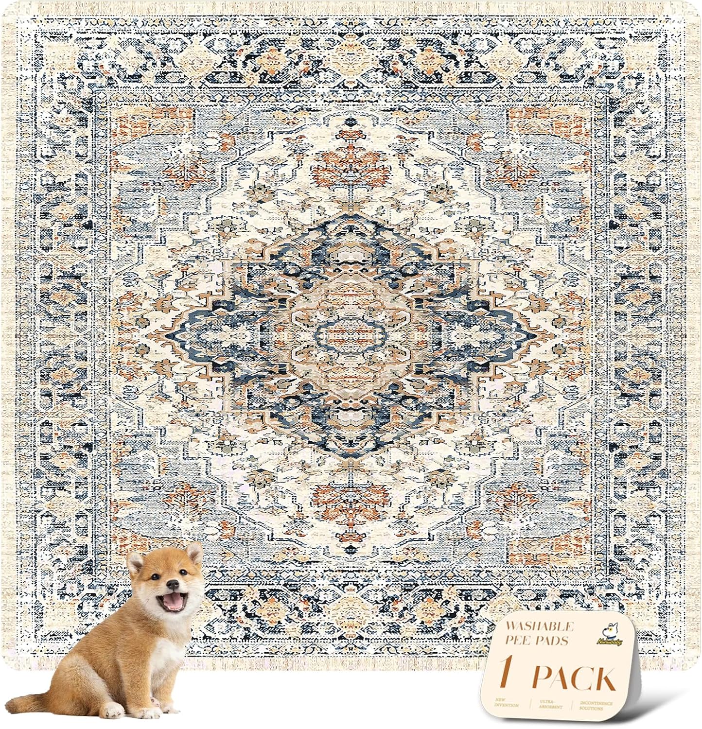 nunubaby Washable Pee Pads for Dogs, Stylish, Non-Slip and Leak-Proof Pee Pads. Reusable Potty Pads for Dogs for Crates and Floors.(Beige/Multi, 72" x72")