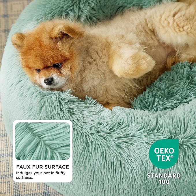 Bedsure Calming Dog Bed for Small Dogs - Donut Washable Small Pet Bed, 23 inches Anti-Slip Round Fluffy Plush Faux Fur Large Cat Bed, Fits up to 25 lbs Pets, Apple Green