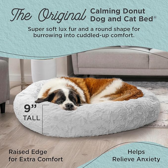 Best Friends by Sheri Original Calming Donut Dog and Cat Bed, Lux Faux Fur, Gray, XL (45in x 45in) - Anxiety Relief for Pets Up to 150 lbs