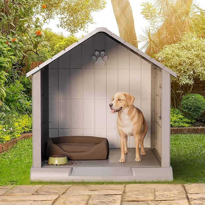 Large Dog House Outdoor Indoor for Medium Large Dogs, Durable Plastic Waterproof Doghouse with Air Vents and Elevated Floor, Easy Clean and Assemble (Grey, 37.2" L x 40" W x 40" H)