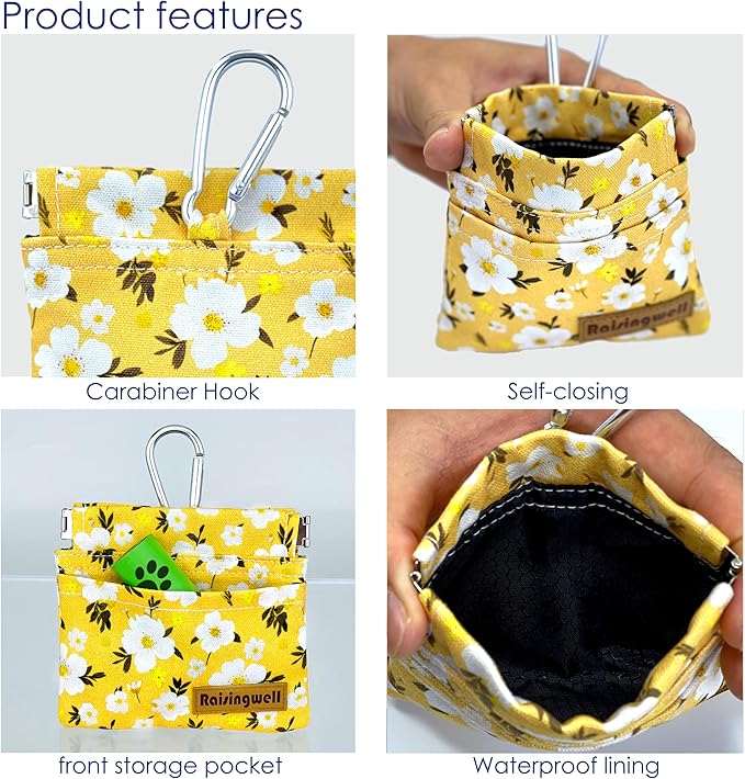 Dog Treat Pouch, Pocket Sized Pet Training Pouch, Cotton Fabric, Hand Free Yellow Flower Dog Walking Bag with Carabiner, Self-Closing Pet Feed Snack Reward, for Puppy Travel or Outdoor Use