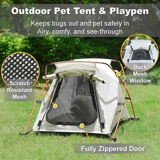 Dog Tent Cat Tent with Aluminum Poles and Camping Mat, Outdoor Waterproof Pet Tent with Zippered Mesh Door, Dog House, Cat House, Pet Playpen, Portable and Collapsible (White, Small)