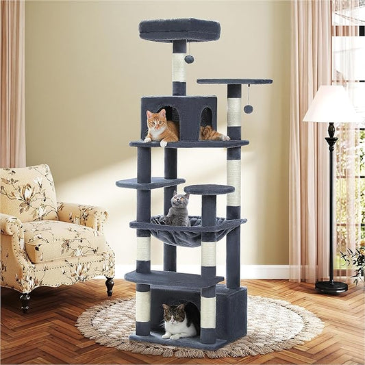 Cat Tree for Indoor Cats, 64.5" Tall Cat Tower with 2 Cozy Condos, Scratching Posts, Large Hammock and Dual Padded Perches, Multi-Level Activity Center for Large Cats, Dark Grey