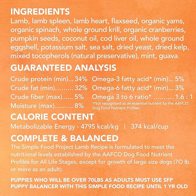 Simple Food Project - Lamb Recipe - Freeze Dried Raw Food for Dogs - 96oz